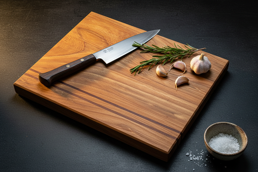Oak cutting board lifestyle with chef knife
