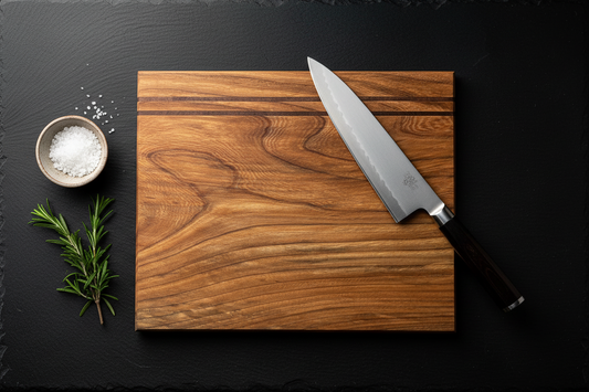 Oak cutting board lifestyle flat lay